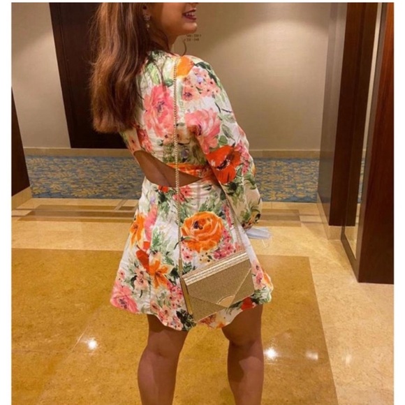 ZARA The Naya Cut Out Back Floral Print Mini Dress pink orange small Long Sleeve - Picture 3 of 16